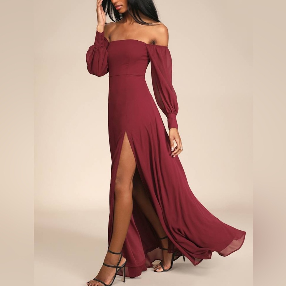 Lulus Burgundy Off-Shoulder Long Sleeve Dress GRADUATION 👩‍🎓